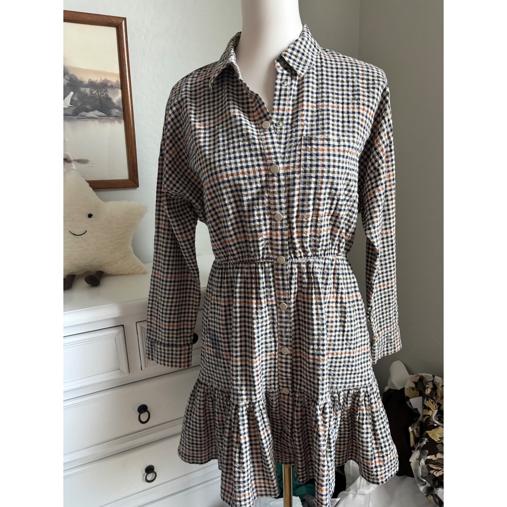 Plaid Mini Shirt Dress Gingham Ruffle Hem Button Down Long Sleeve Tiered Casual